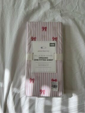 Pottery Barn Baby Bella Bow Stripe Organic Crib Sheet - Pink & White